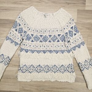 Joie Womens Fair Isle Sweater Ivory Blue Fringe Knit Size XS Crochet